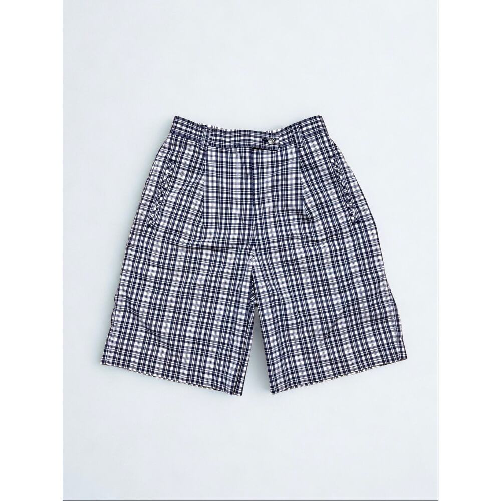 Vtg Y2K Liz Claiborne White Navy Plaid Pleated Bermuda Golf Shorts
